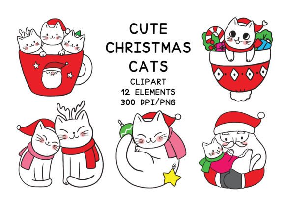 Christmas Cartoon Cute Cat Clipart for Illustrations