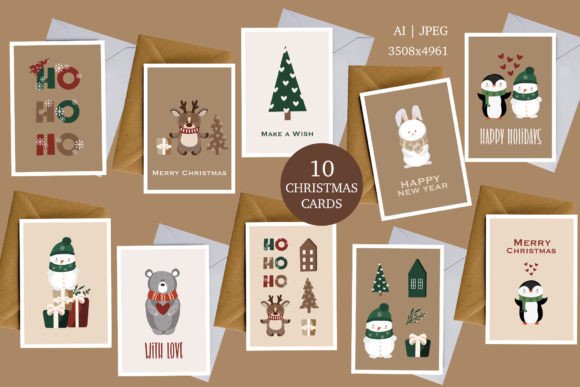 Cute Christmas Animal Pre-made Cards and Illustrations